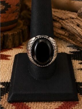 Vintage Navajo Native American Sterling Silver Onyx Mens Ring 9.5